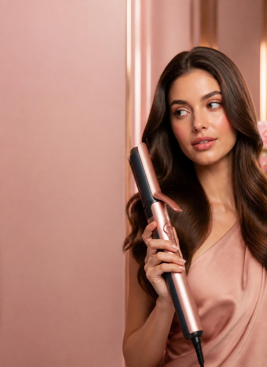 Modelo con cabello sedoso sosteniendo una plancha Layla Myshel en rose gold